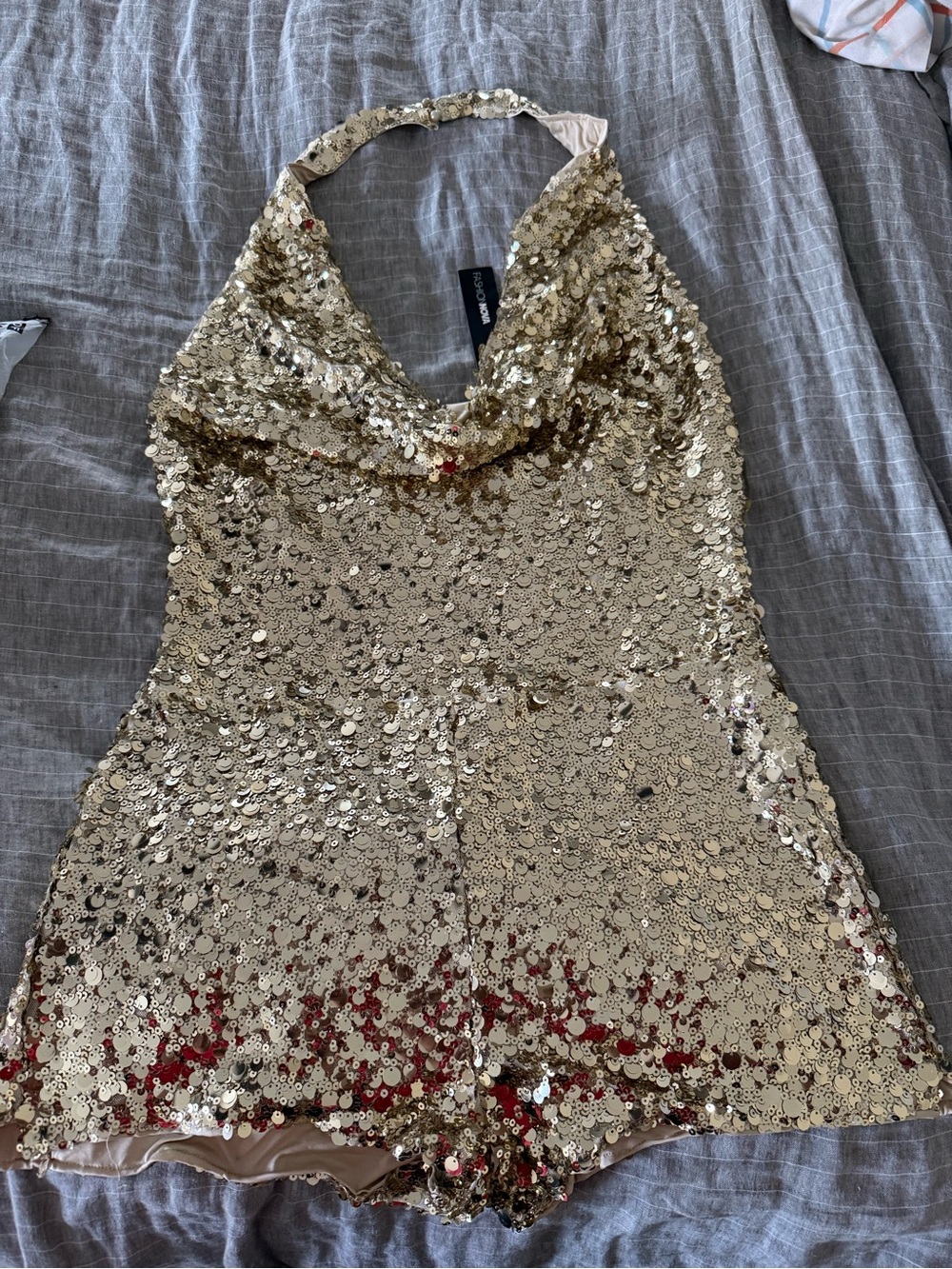 Gold Sequin Halter Romper Shorts (NWT)